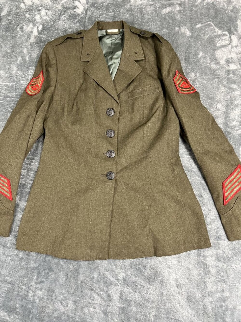 Vintage USMC Womens Dress Jacket 16L Olive Green Red Chevron Patches Buttons